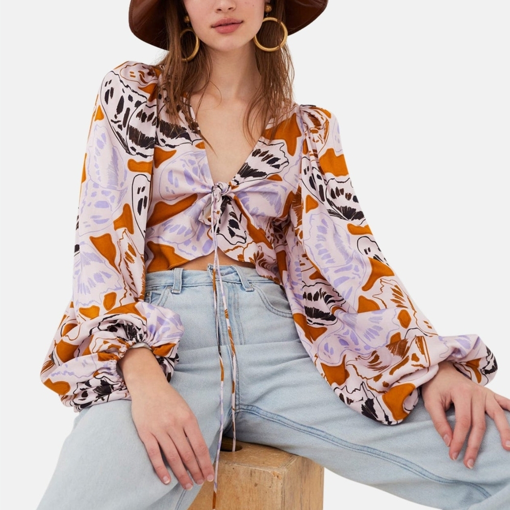 For Love & Lemons Lilac, Rust and Cream Tie-Front Blouse